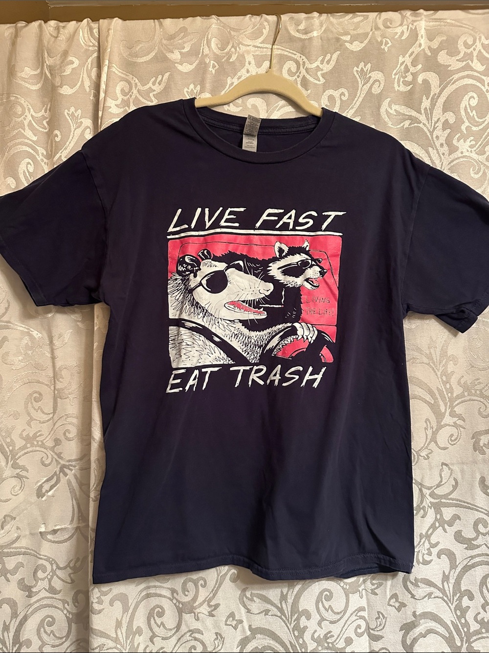 Gildan Navy Short Sleeve Tee with Red and White Graphic